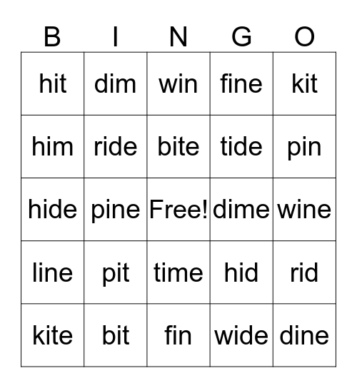 Short i vs long i Bingo Card