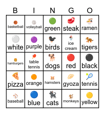 I like… sports, food, colors, animals Bingo Card
