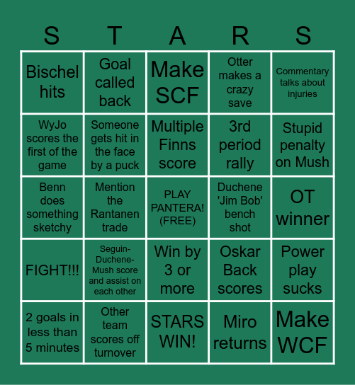 Dallas Stars 2025 Playoffs Bingo Card