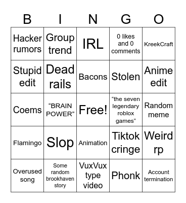 Roblox YouTube shorts Bingo Card