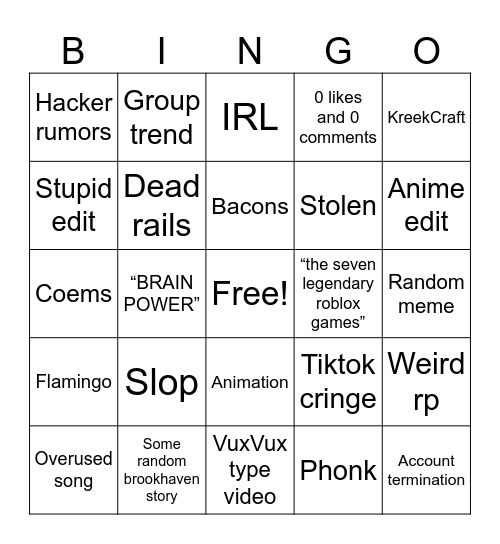 Roblox YouTube shorts Bingo Card