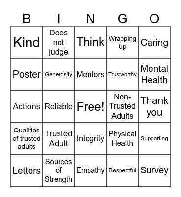 SOS Trusted Adult Lesson Bingo Card