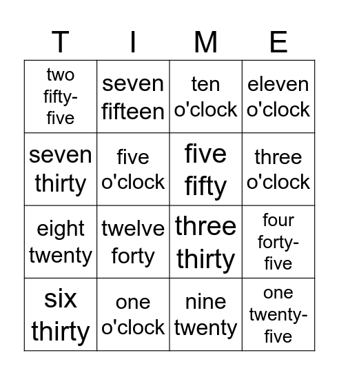 What time is it? Bingo Card