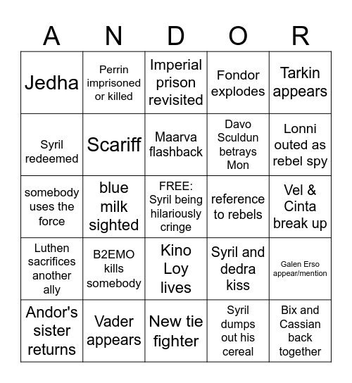 Andor S2 Bingo Card