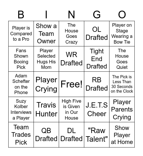 2025 NFL Draft Bingo Card
