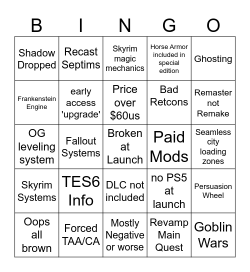 Oblivion Re-make Bingo Card