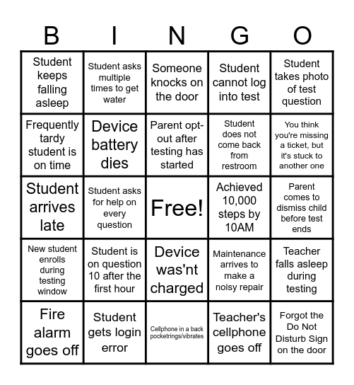 Standardized Testing Bingo Card