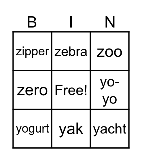 Y Z Bingo Card