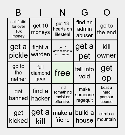 Minehut Bingo Card