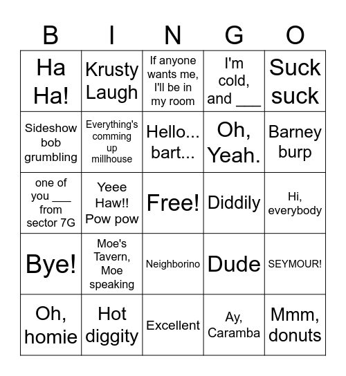 Simpsons Catch Phrases Bingo Card