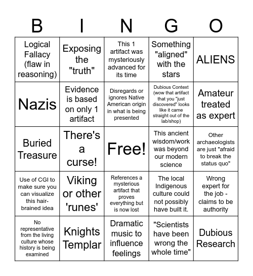 Pseudoarchaeology Bingo Card