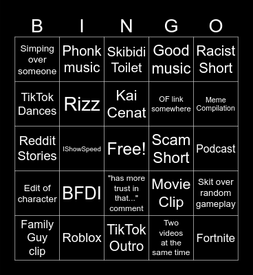 YouTube Shorts Bingo Card