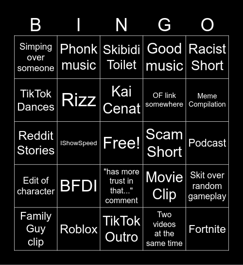 YouTube Shorts Bingo Card