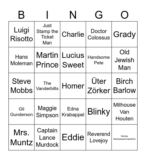 Simpsons Cast Bingo Card