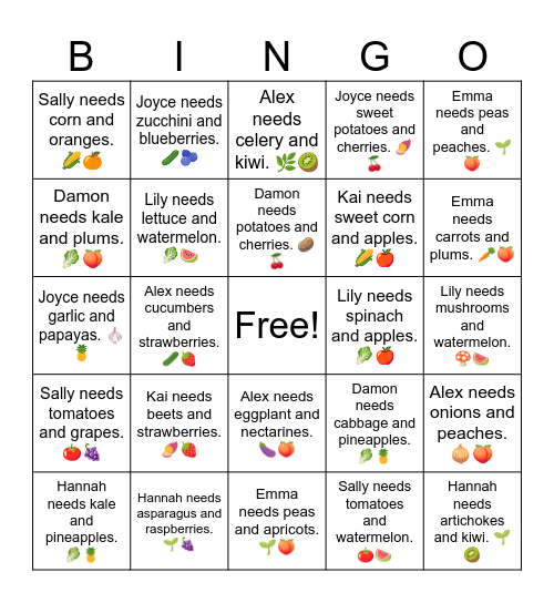 Kai needs carrots and apples. 🥕🍎 Bingo Card