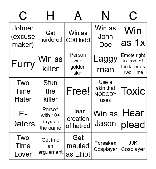 Forsaken Bingo Card