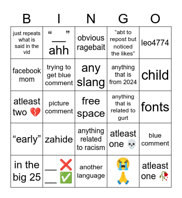 tiktok comments in 2025 bingo Card