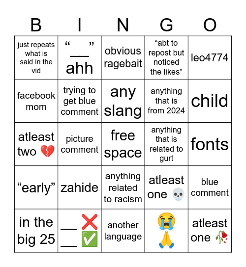tiktok comments in 2025 bingo Card