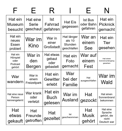 Ferien-Bingo Card