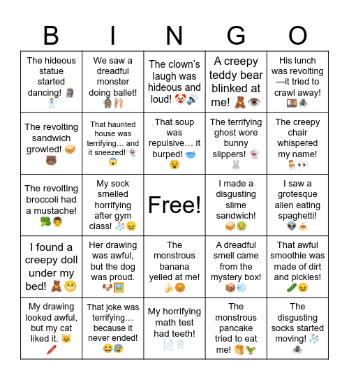 Negative Adjectives Bingo Card