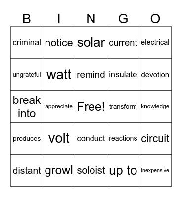Week 7 Vocabulary Bingo Card