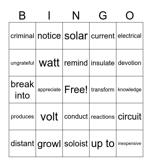 Week 7 Vocabulary Bingo Card