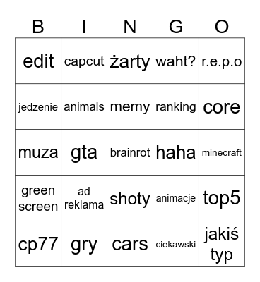 youtube krótkie spodenki Bingo Card