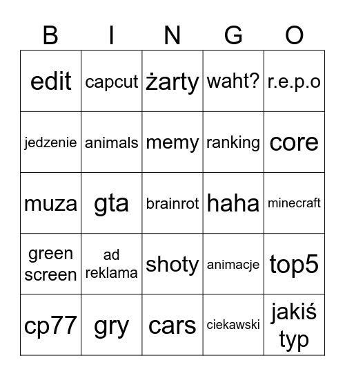 youtube krótkie spodenki Bingo Card