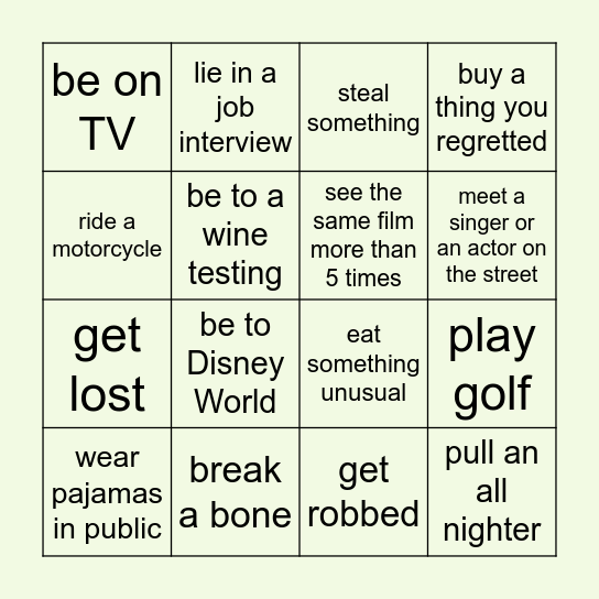 Experience bingo Card