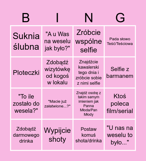 Wieczór panieński Bingo Card