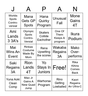 Japan Ladies Olympic Bingo Card
