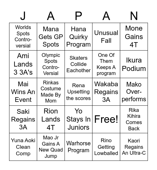Japan Ladies Olympic Bingo Card