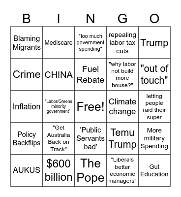 Channel 9 Debate Bingo Card