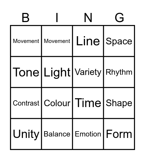 Art Elements & Principles Bingo Card