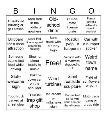 America Road Trip Bingo Card