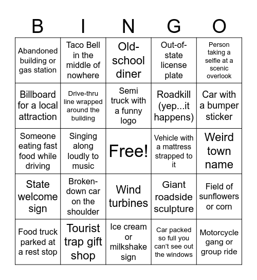 America Road Trip Bingo Card