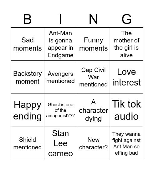 Bingo : Ant-Man and the Wasp Bingo Card