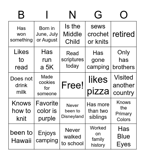Get to Know You Bingo Card
