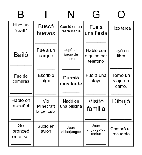 Bingo Humano de Vacaciones Bingo Card