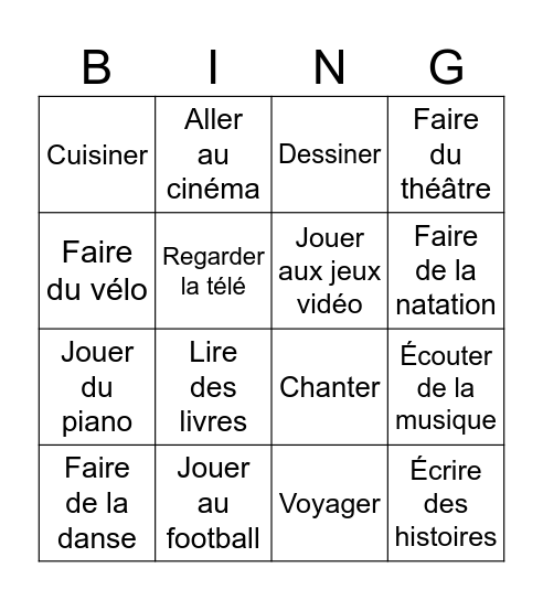 Le bingo des loisirs Bingo Card