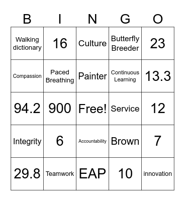 Brooks Bingo Card
