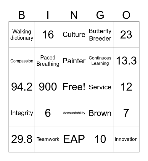 Brooks Bingo Card