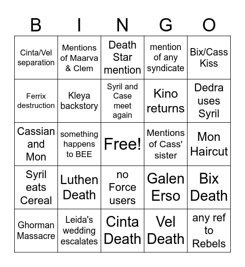 Andor Season 2 Bingo Card