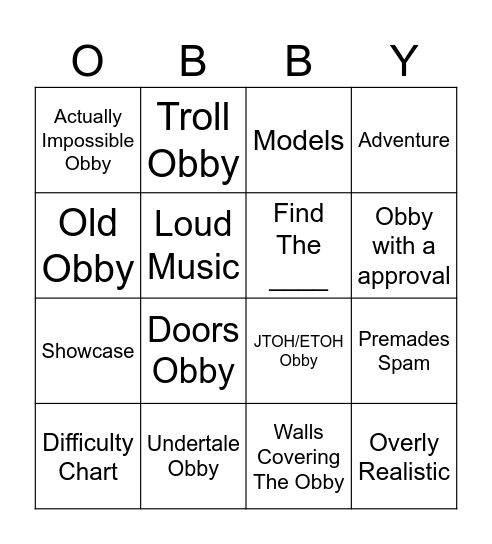 Roblox Obby Creator Bingo Card