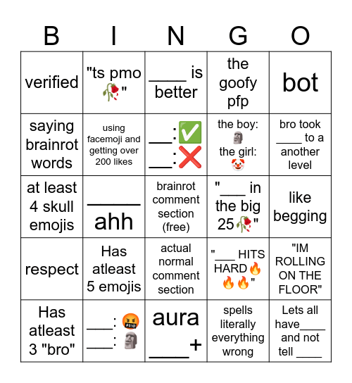 comment section bingo Card