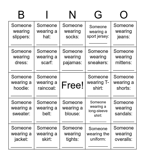 Clothing Bingo Card