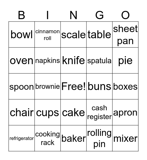 Bakery Bingo Card