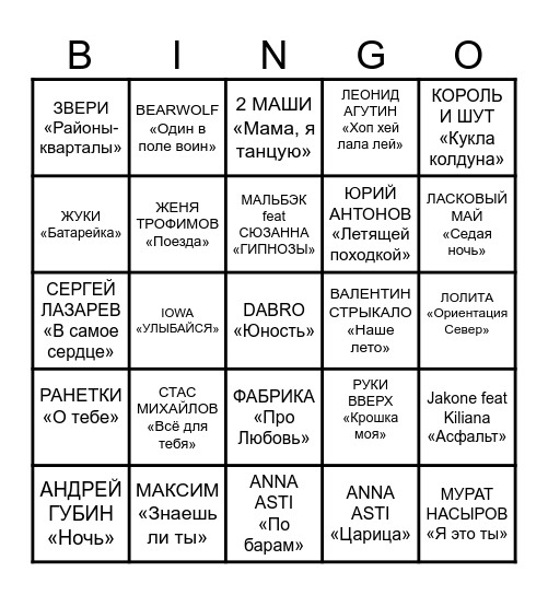 МУЗЫКАЛЬНОЕ БИНГО 2ГИС Bingo Card