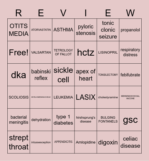 PEDIATRIC BINGO Card