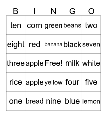 Numbers, Colors, Foods Bingo Card